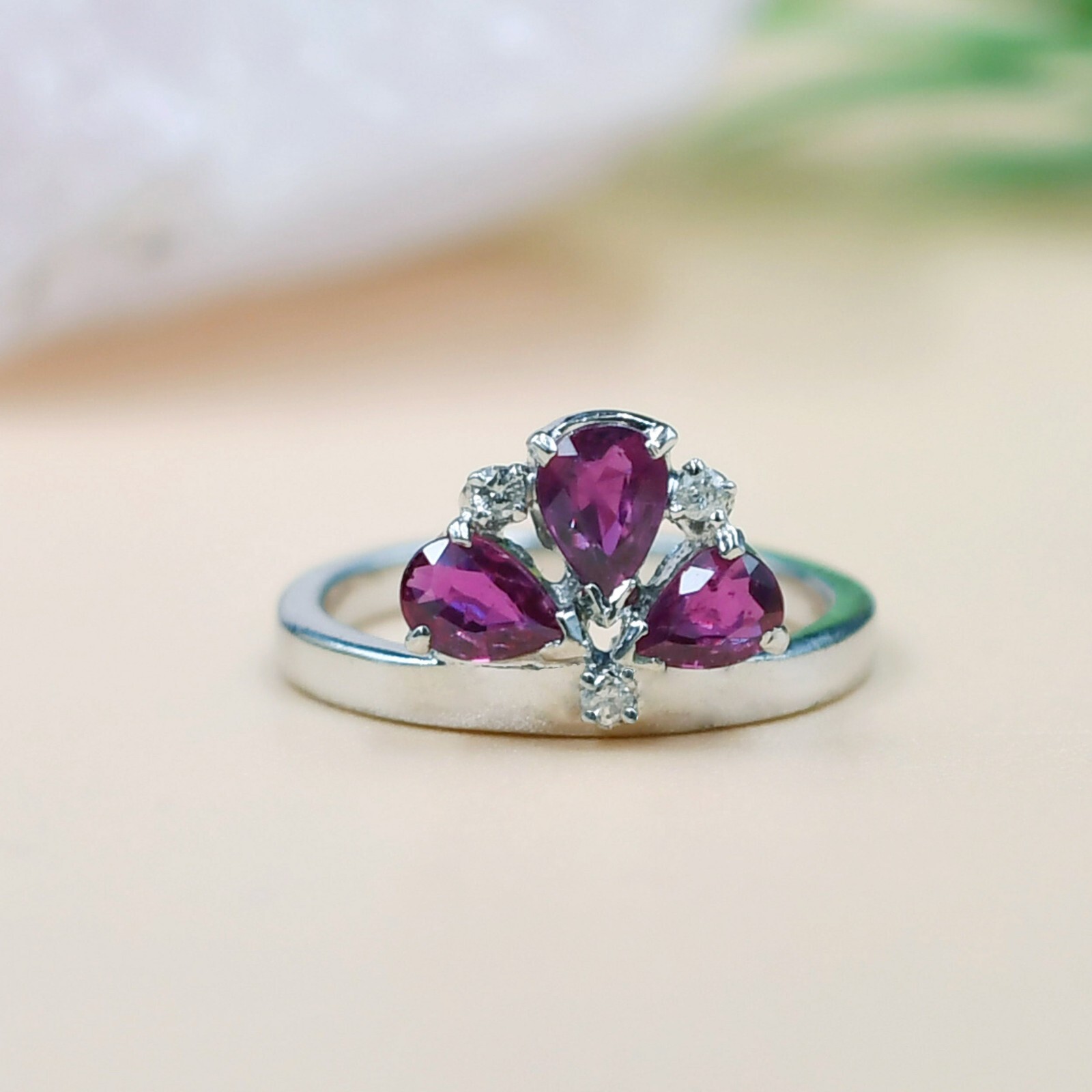Natural Rhodolite Garnet Ring, 925 Sterling Silver, Statement Ring, Trio Ring