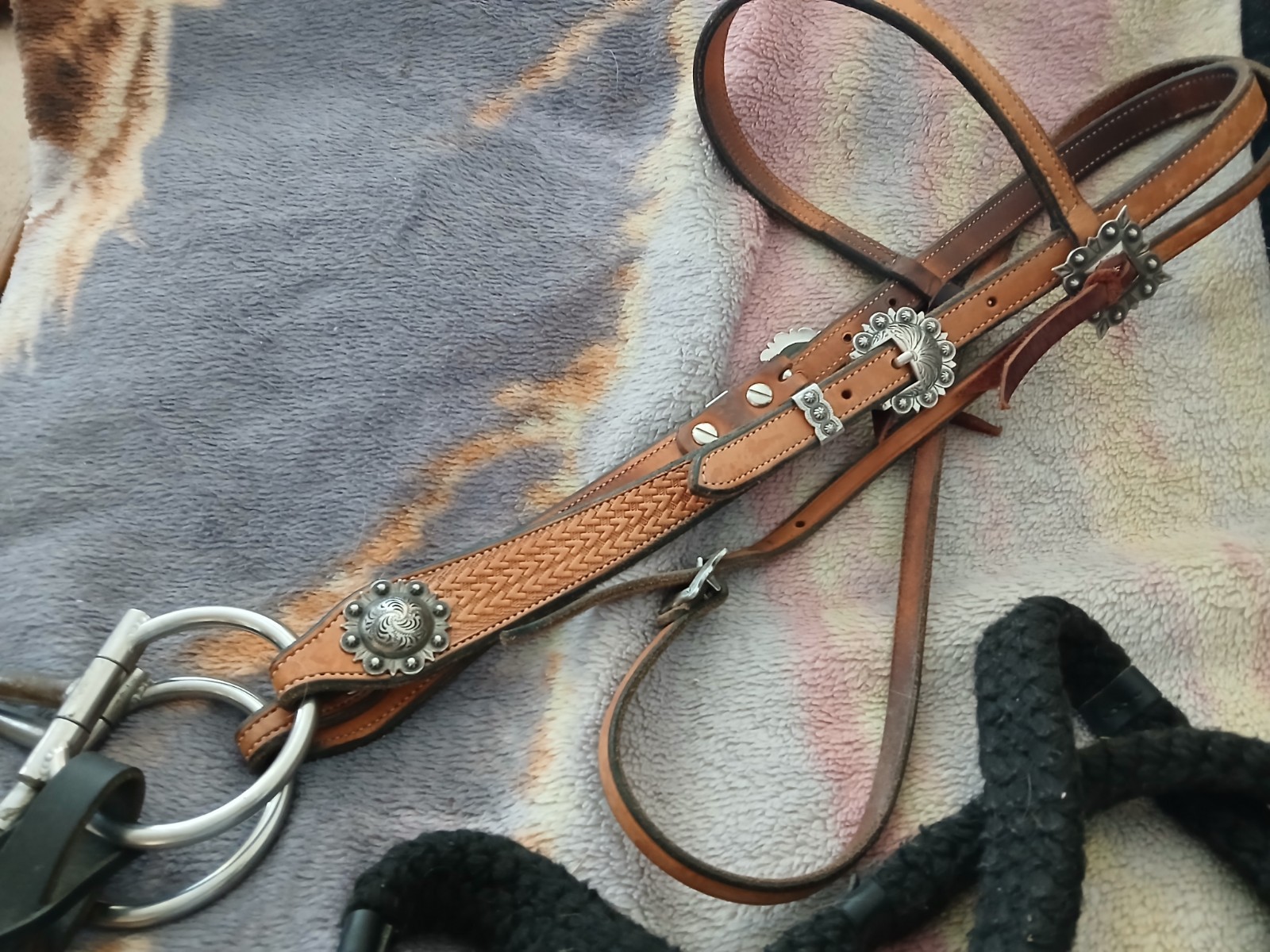 Custom browband bridle with Tom Balding D ring snaffle & loop rein, maker marked