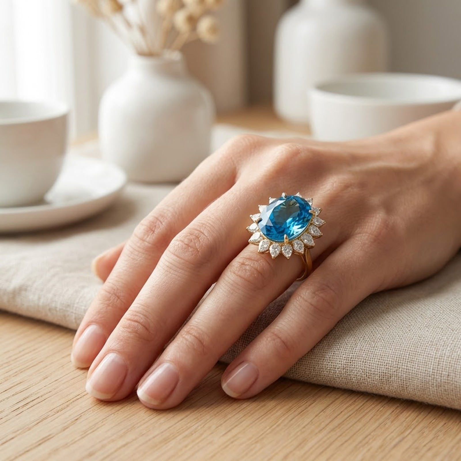 24K Gold Plated 925 Sterling Silver Rings Intense Royal Blue Topaz Oval 32.80Ct