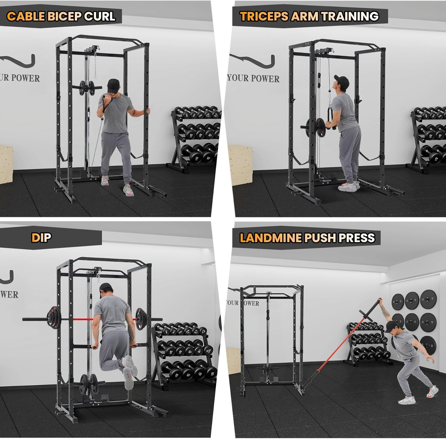 Power Cage, Multi-Function Squat Rack with LAT Pulldown, 1600 LBS Weight Capacit