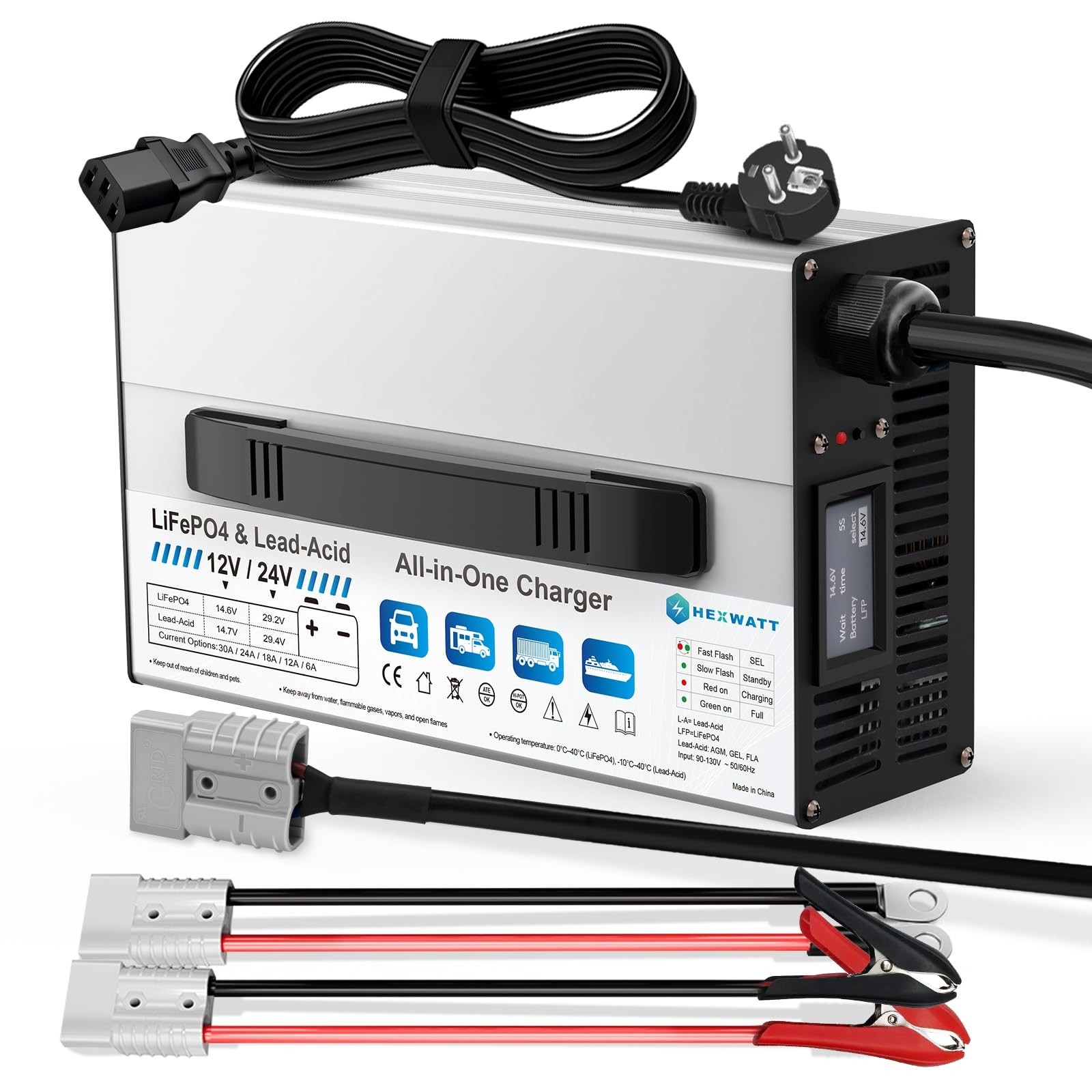 12V/24V LiFePO4 & AGM All in One Battery Charger Adjustable Current 6A-30A Li...