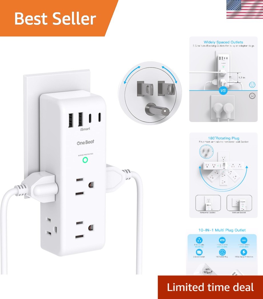 3-Sided Surge Protector with 4 USB Ports and Rotating Plug - 1875W Safe Charger