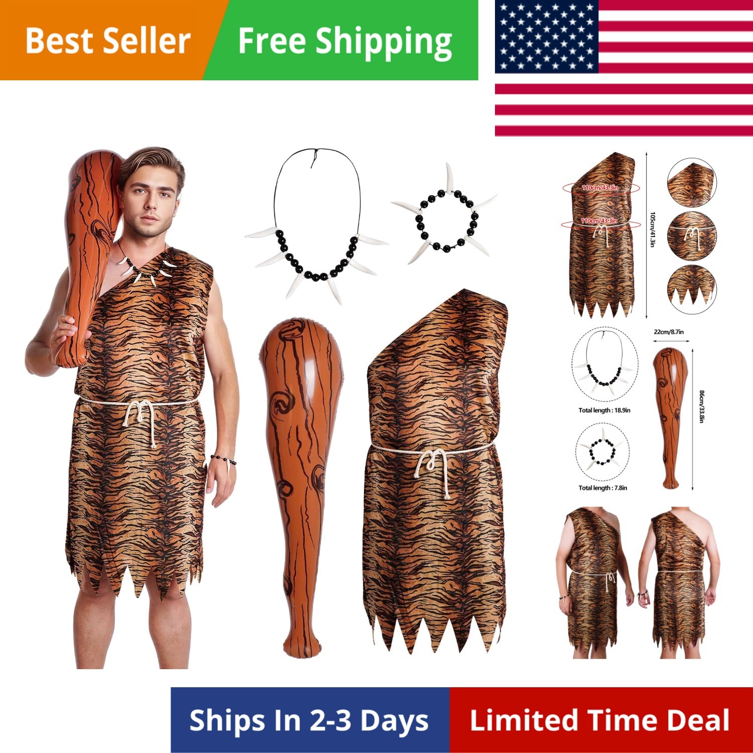 Halloween Caveman Costume Jungle Necklace Tooth Bone Bracelet Inflatable Cave...