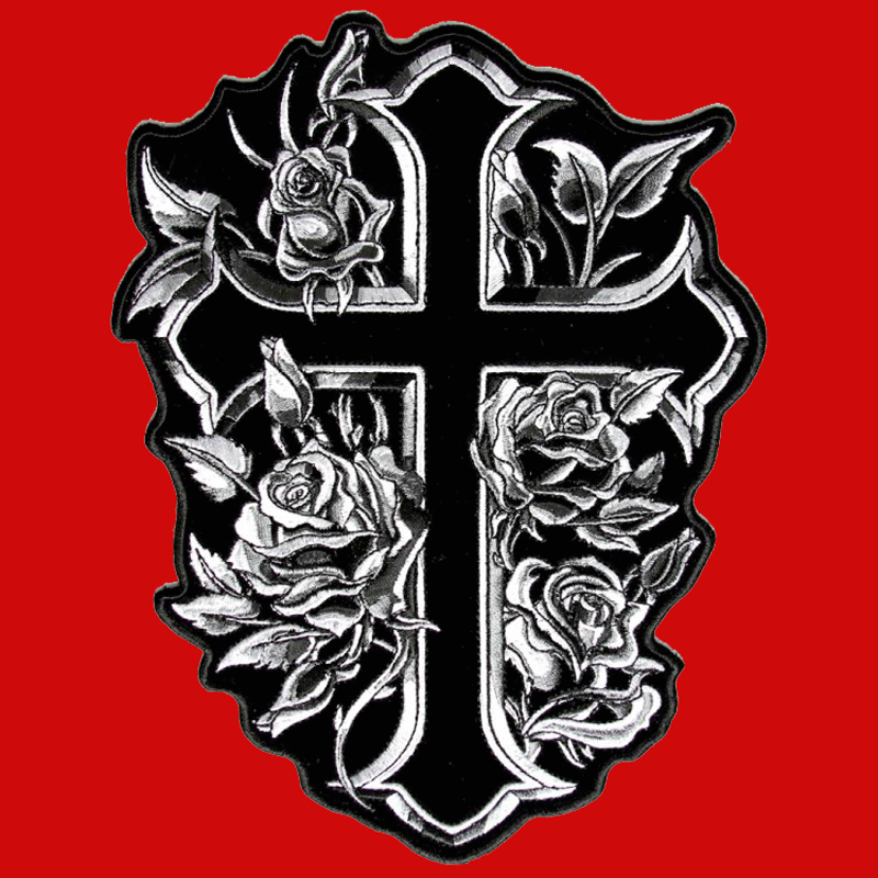 CELTIC CROSS ROSES IRON ON EMBROIDERED 5 INCH BIKER PATCH