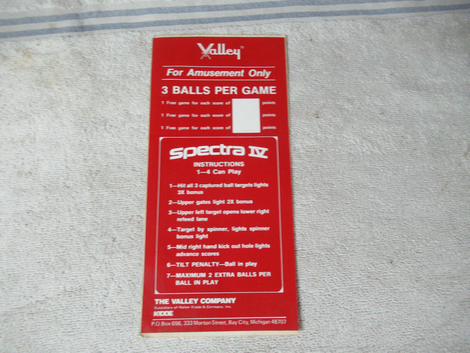 original VALLEY SPECTRA IV PINBALL STICKER  ARCADE GAME ART
