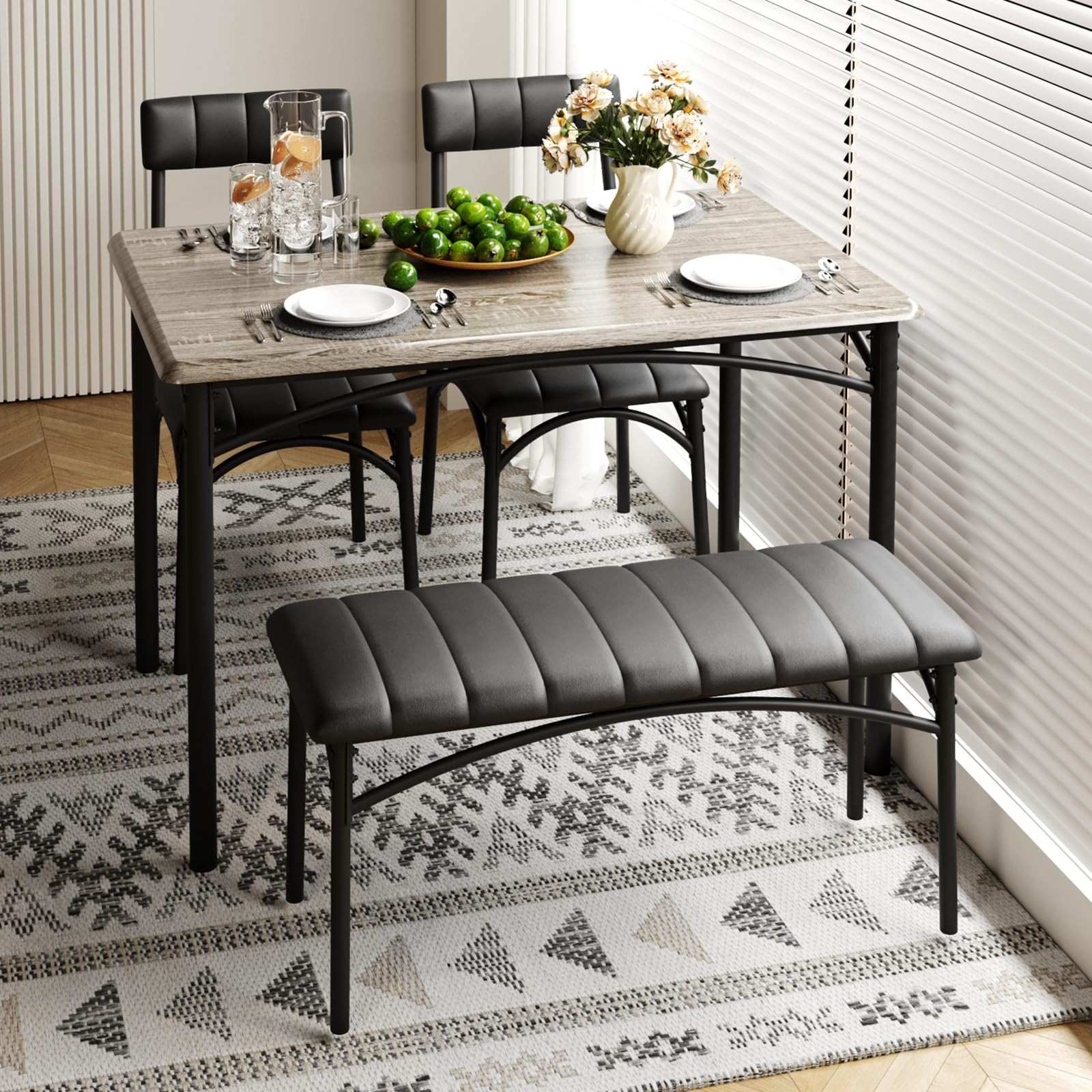 Upholstered Chairs & Bench Dining Set 4-Person Rectangular Kitchen Table Home