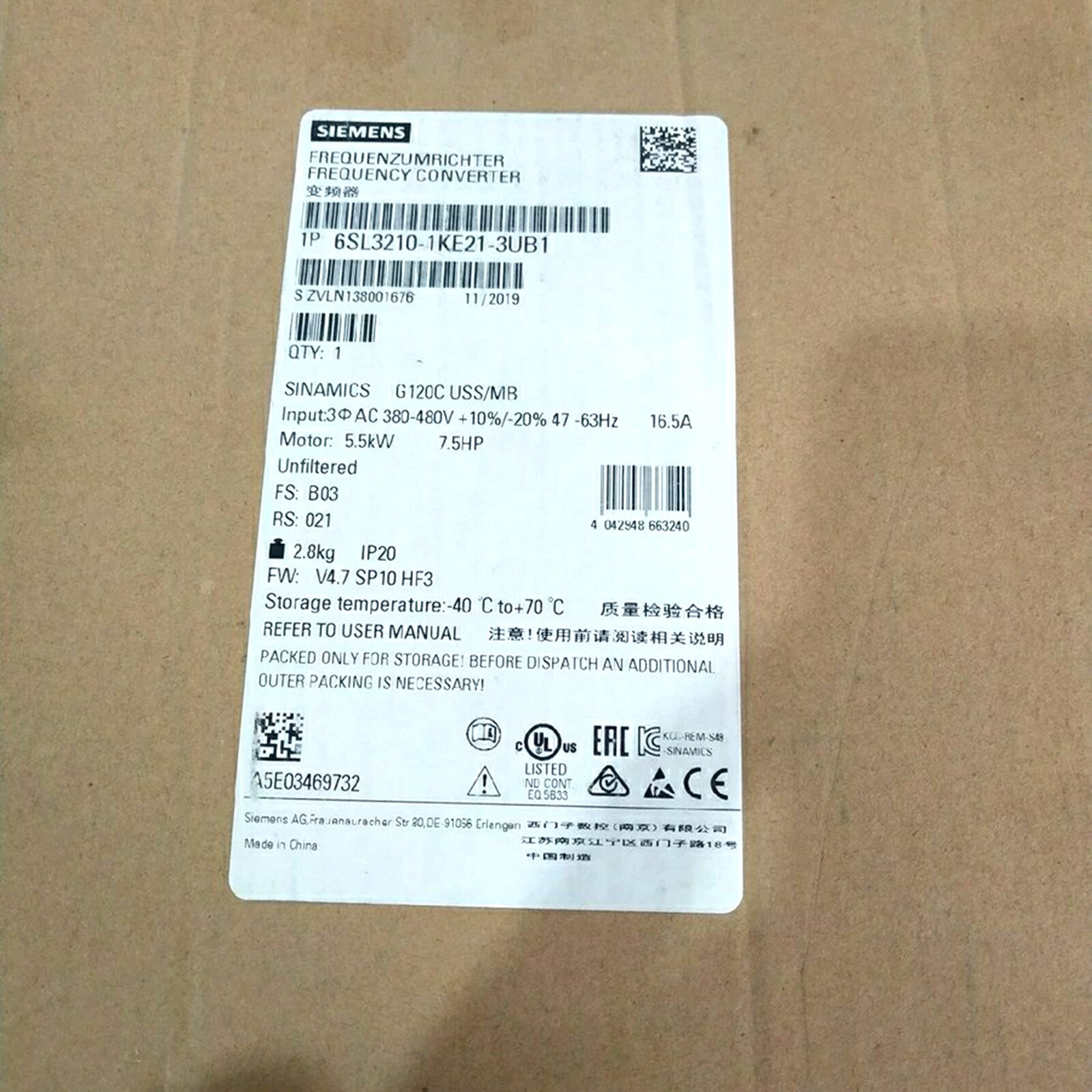 NEW 6SL3210-1KE21-3UB1 Siemens G120C 5.5KW inverter 3AC 380-480V