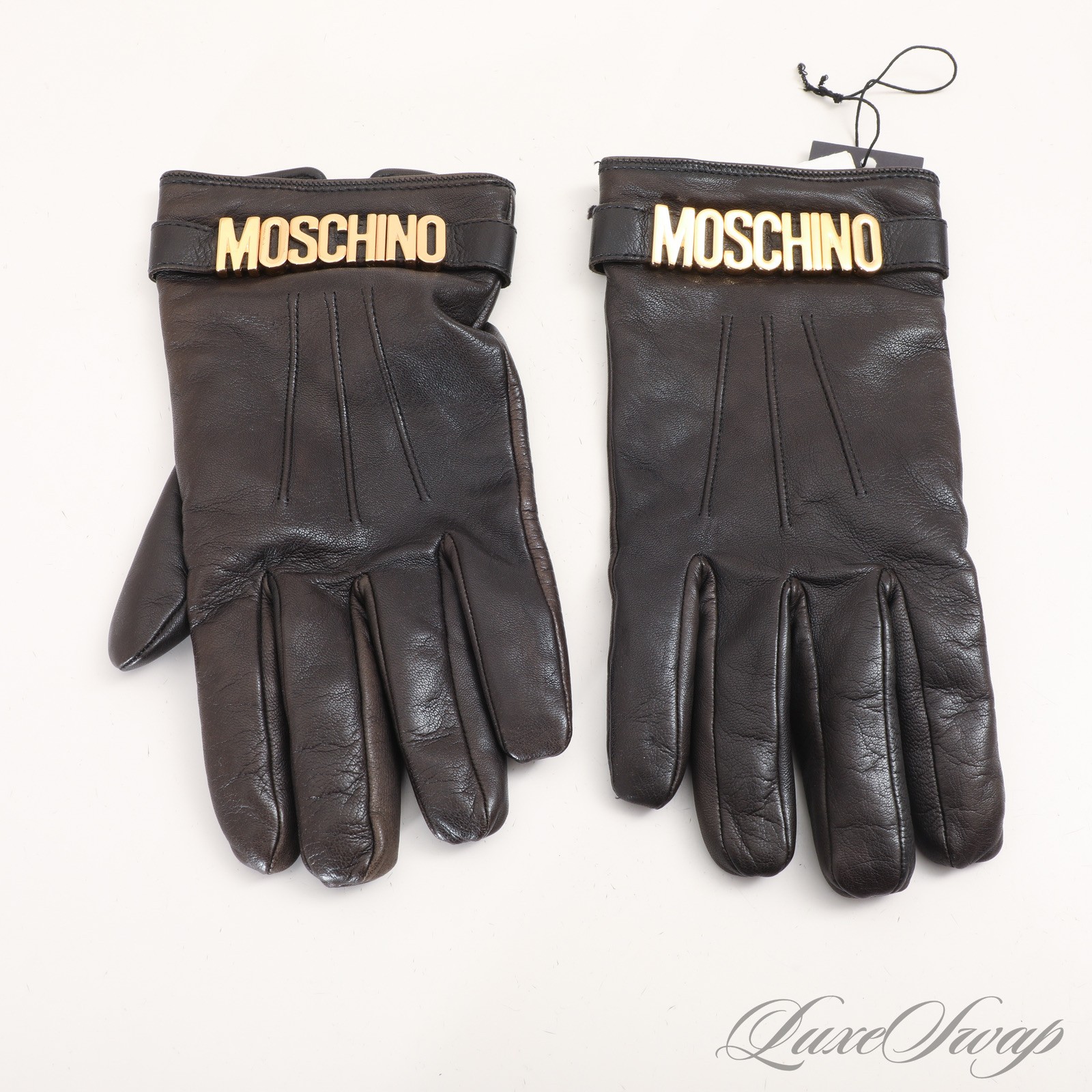 Moschino Made in Italy Black Nappa Leather Gold Big Logo Cuff Winter Gloves 8.5