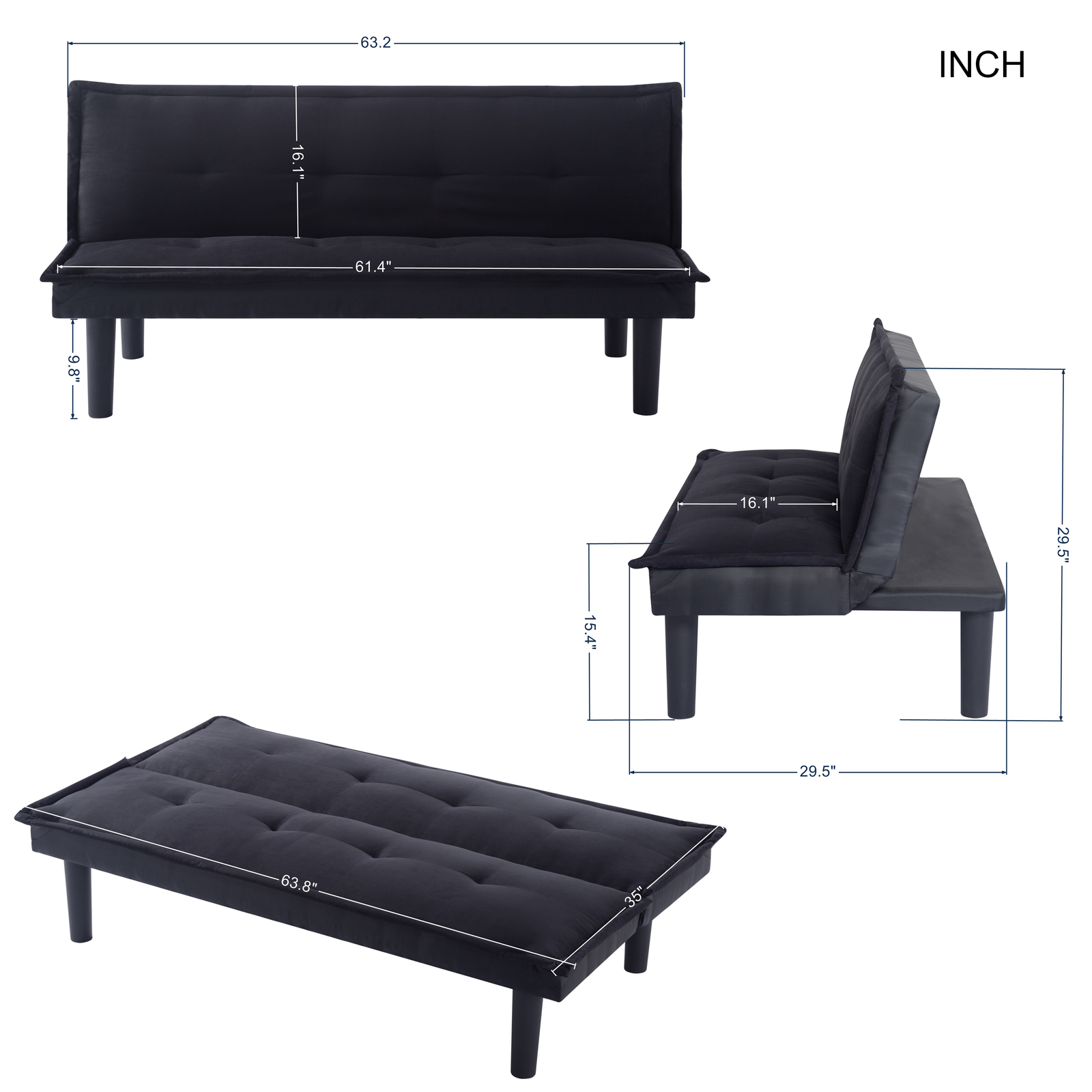 63in Adjustable Futon Sofa Bed Faux Suede Upholstered Modern Sleeper Couch Futon
