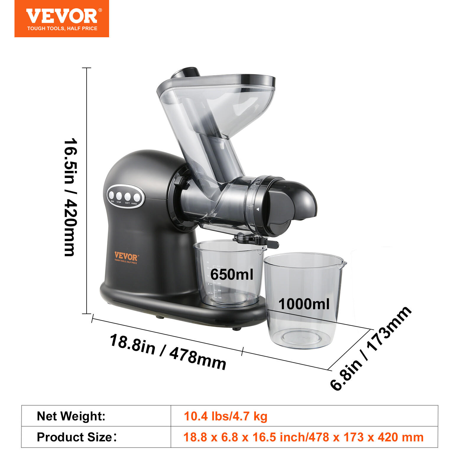 VEVOR Masticating Slow Juicer Electric Cold Press Squeezer Juice Extractor 200W