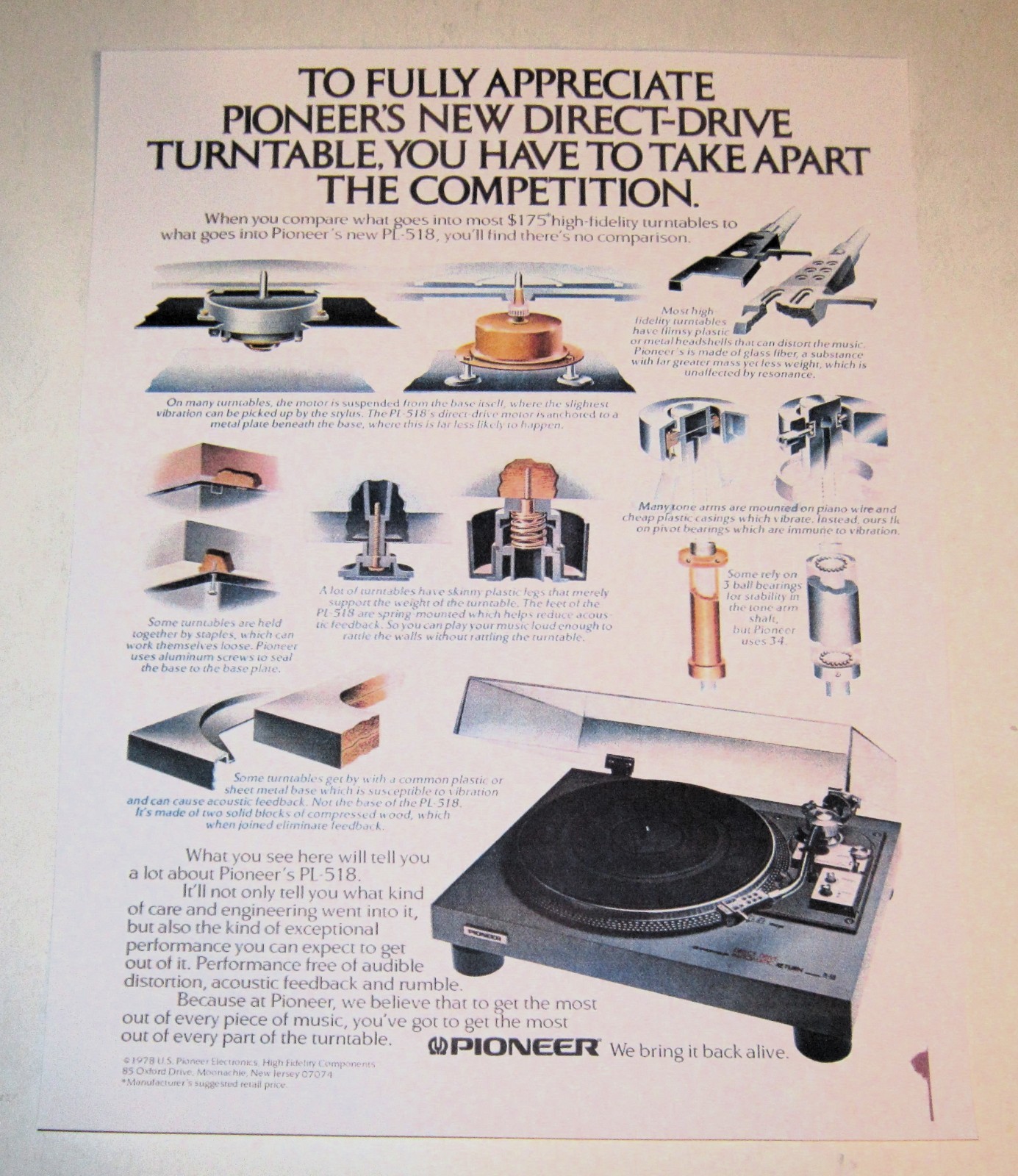 Pioneer Turntable PL-518 Vintage Audiophile Ad and Article 1978 - 1 page