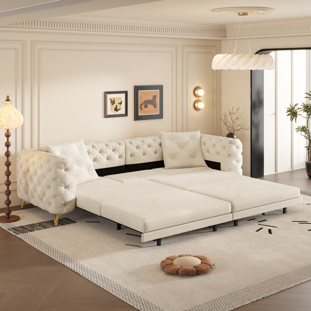 Convertible Sleeper Sofa Bed w Ottoman, Seats 4, Velvet, Beige/White