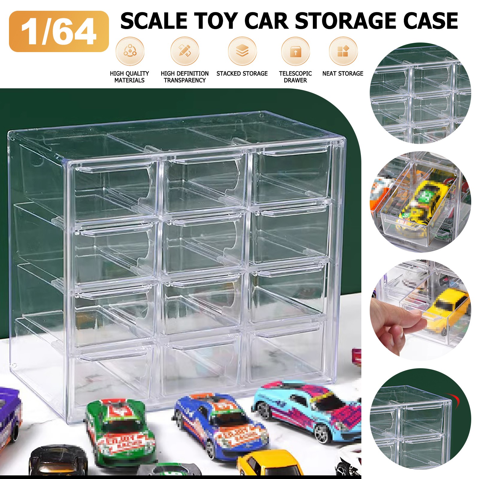 Car Display Case Holds For 1/64 Scale Hotwheels Storage 12 Cars Stackable