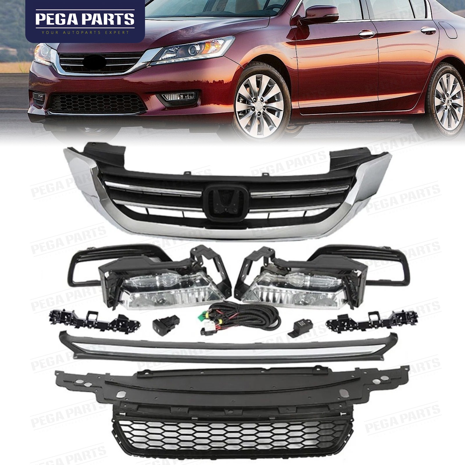 For 2013-2015 Honda Accord Chrome Front Grille Set w/ Fog Light Lower Grille