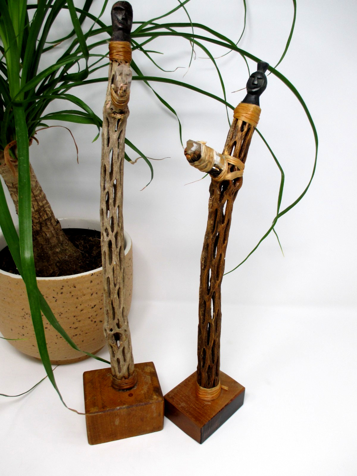 Talking Sticks, Wand Cholla Cactus with Quartz Crystals Moai Ester Island Heads
