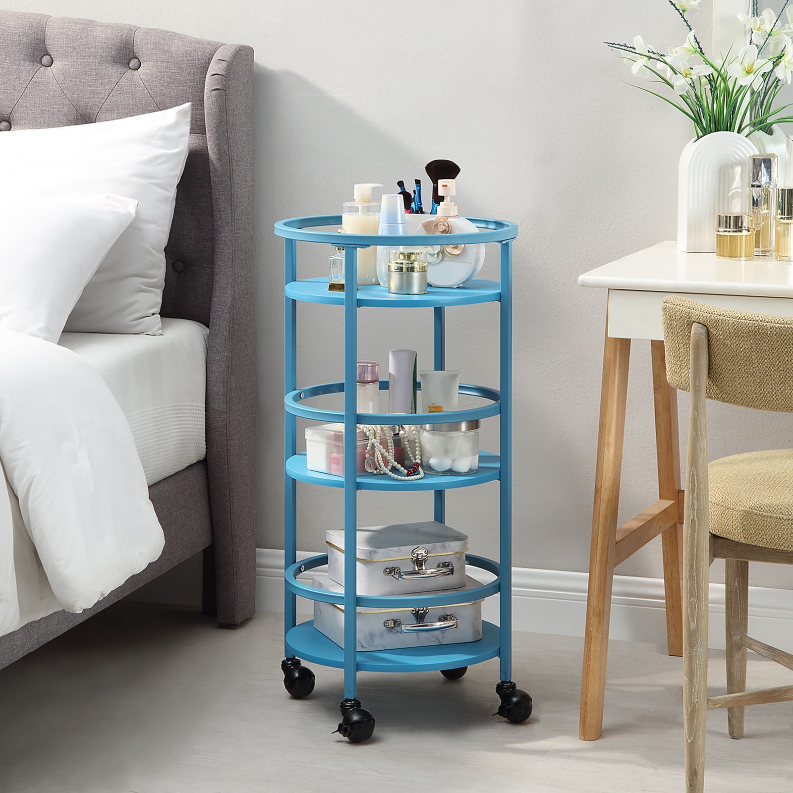 32" 3-Tier Rolling Round Kitchen Bar Storage Cart, Blue