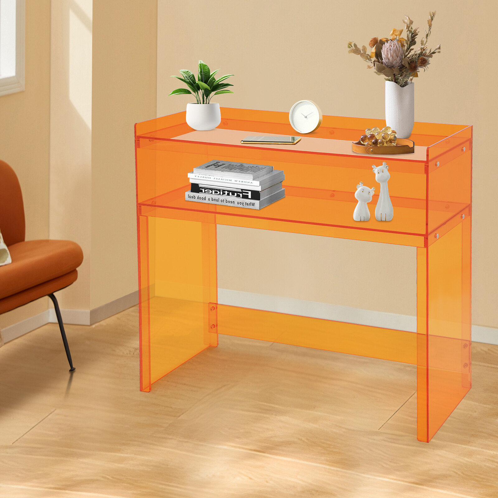 Small Entryway Table 2 Tier Acrylic Table Clear Entry Table Orange 100*30*80cm