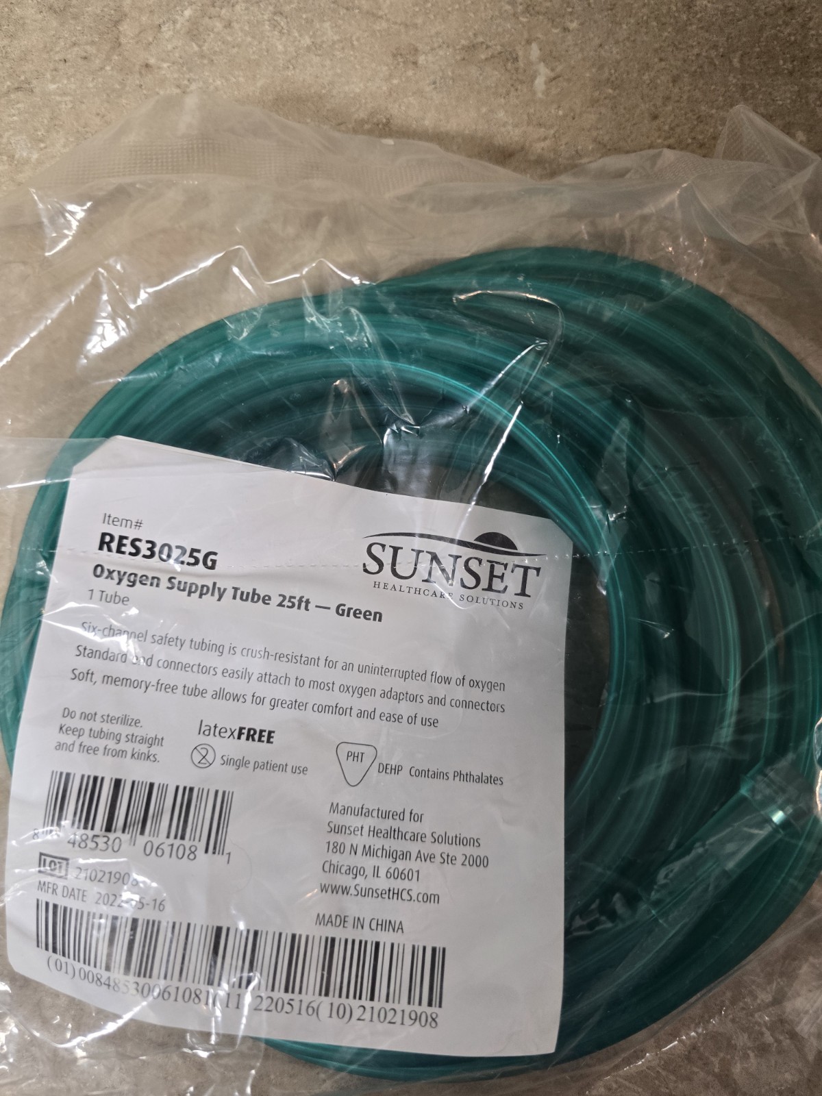 Sunset Oxygen Supply Green Tube 25 FT RES3025G