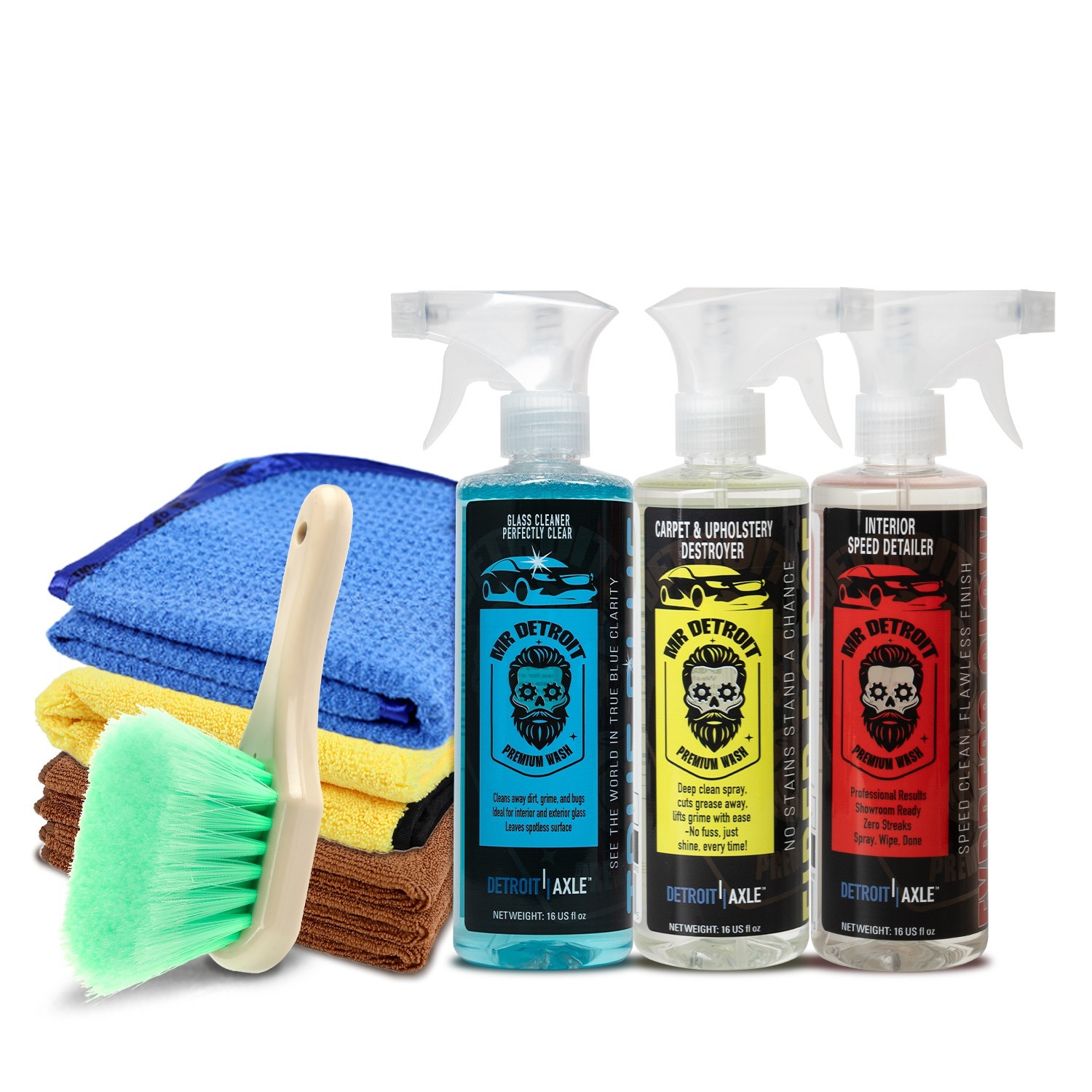 Mr. Detroit - 7pc Interior cleaning Kit - Interior & Glass Clean, Towel, Brush