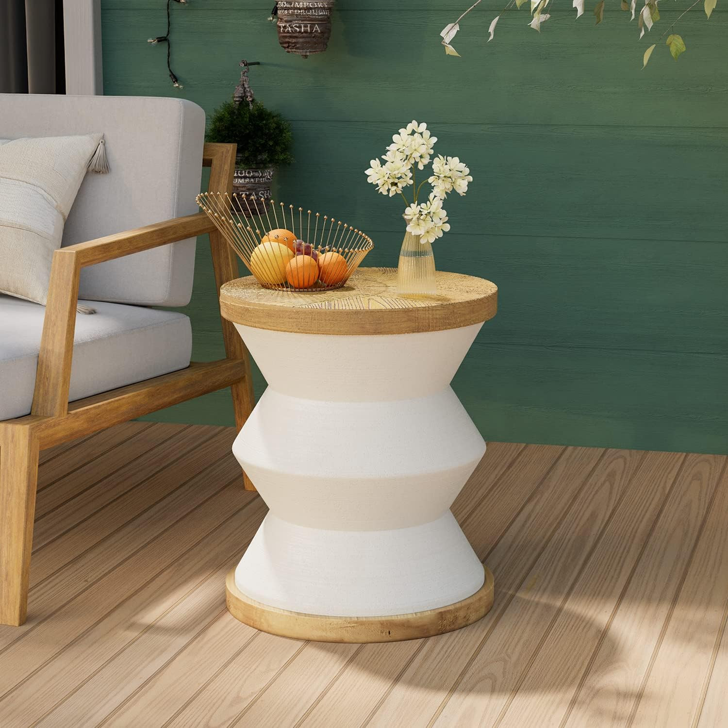 White Outdoor Side Table, round Mgo Concrete End Patio Side Table, Lightweight C