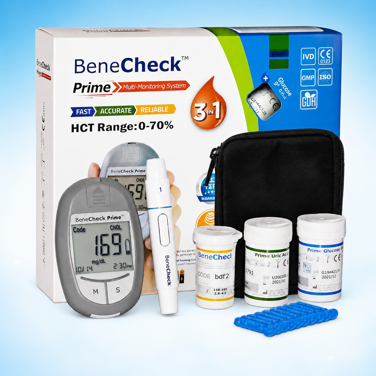 BeneCheck Prime 3-in-1 Blood Testing Meter Kit for Glucose,Cholesterol,Uric Acid