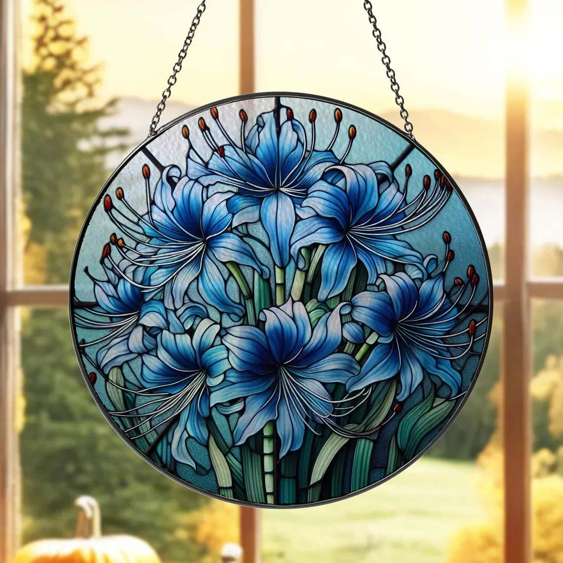 Personalized Blue Spider Lily Stained Glass Suncatcher, Decor Gift
