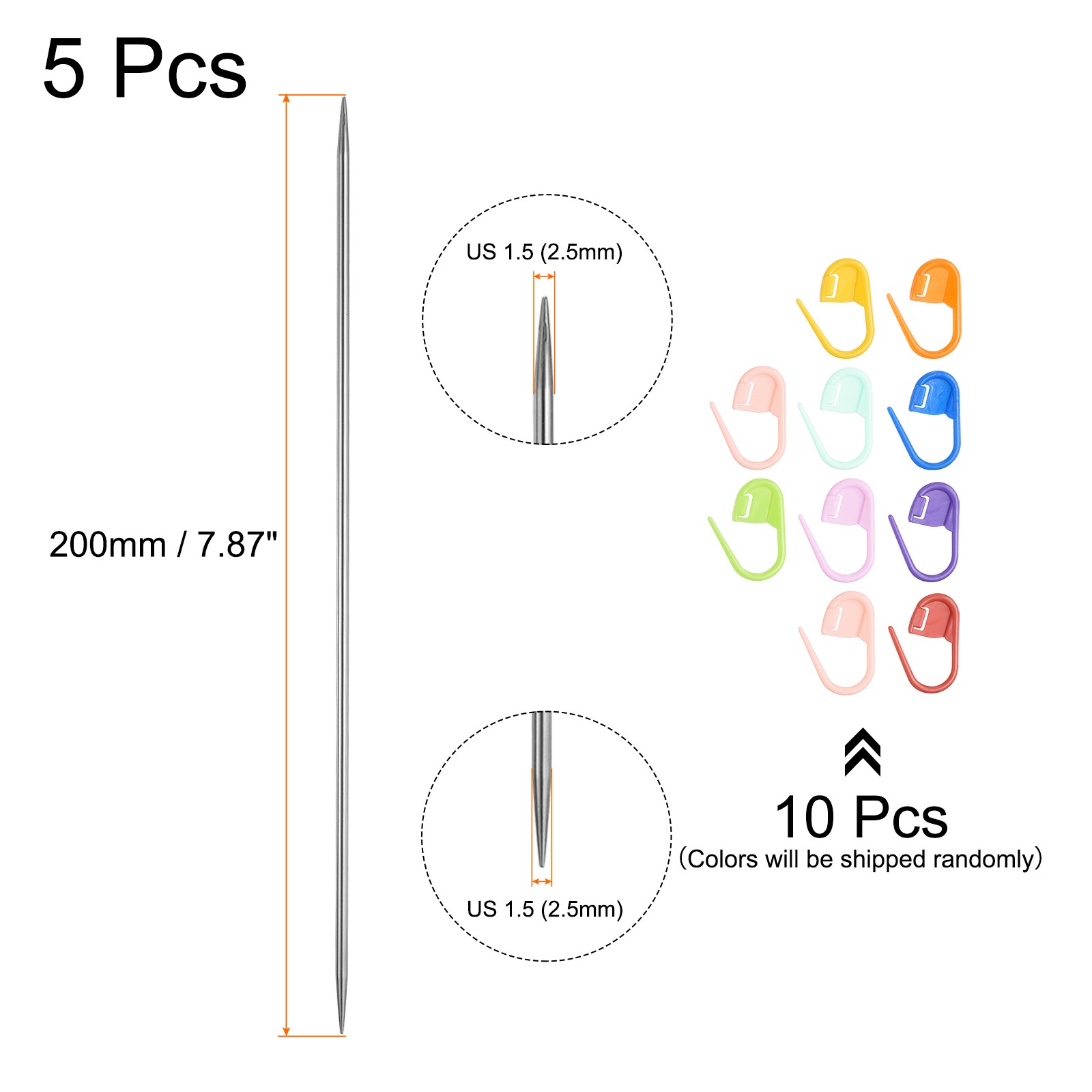 5Pcs 2.5mm Double Pointed Knitting Sweater Needle 20cm with 10 Stitch Marker