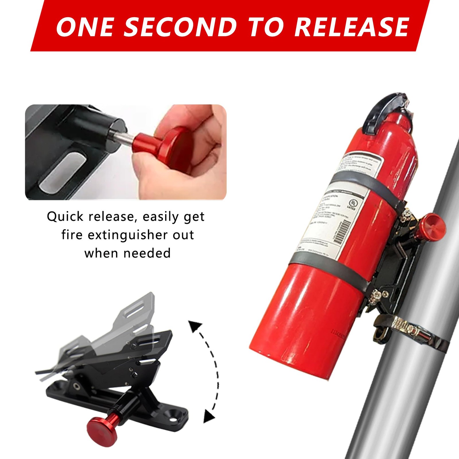 Quick Release Fire Extinguisher Mount - Aluminum Adjustable UTV Roll Black