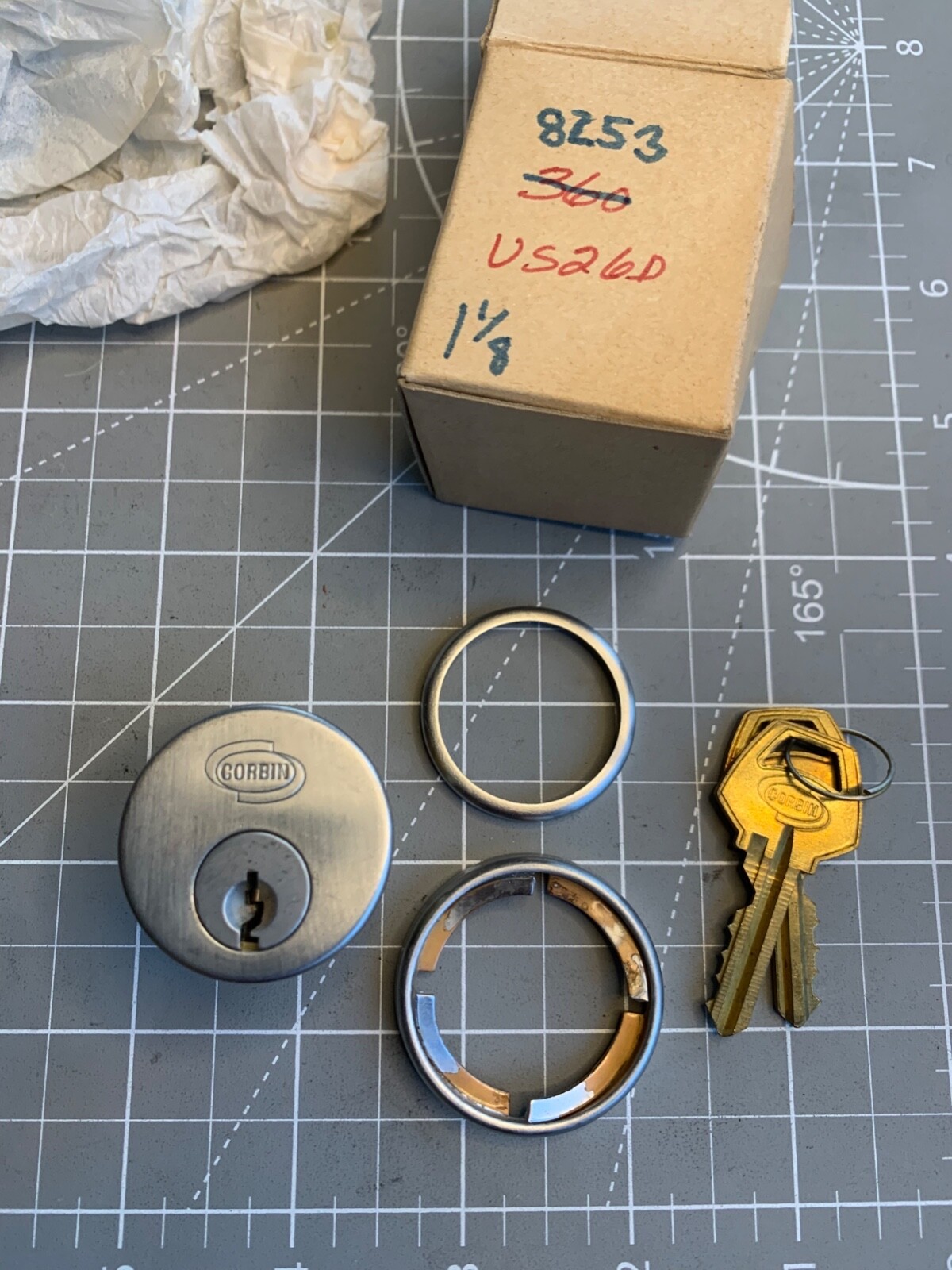 ORIGINAL CORBIN MORTISE CYLINDER 8253 1 1/8, 1001 GH KEYWAY