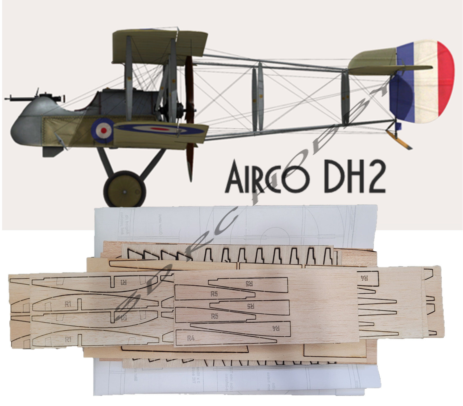 Electric Biplane Airco DH2 46" RC Airplane Laser Cut Balsa Ply Short Kit & Plans