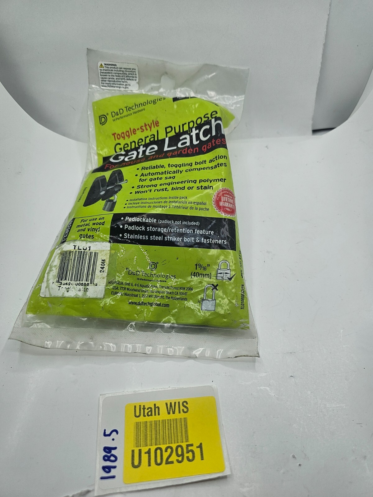 Padlock Gravity Gate Latch D&D Technologies TL01 T-Latch Action Gate Latch