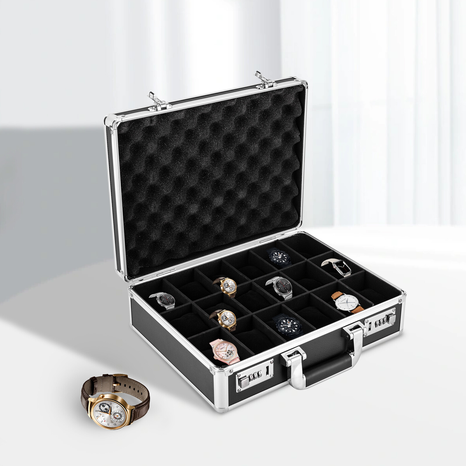 18 Slots Locking Display Briefcase Watches Collectors Display Storage Watch Box