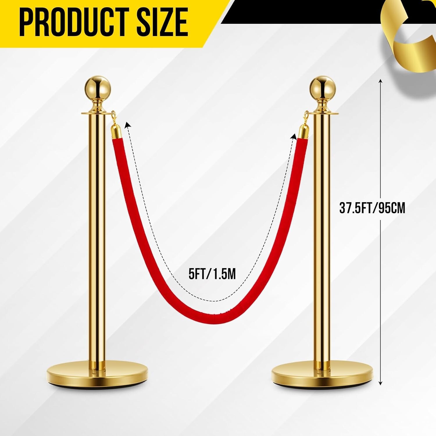 US 5PCS Golden Crowd Control Barrier Stanchion Set Posts Queue Pole Velvet Ropes