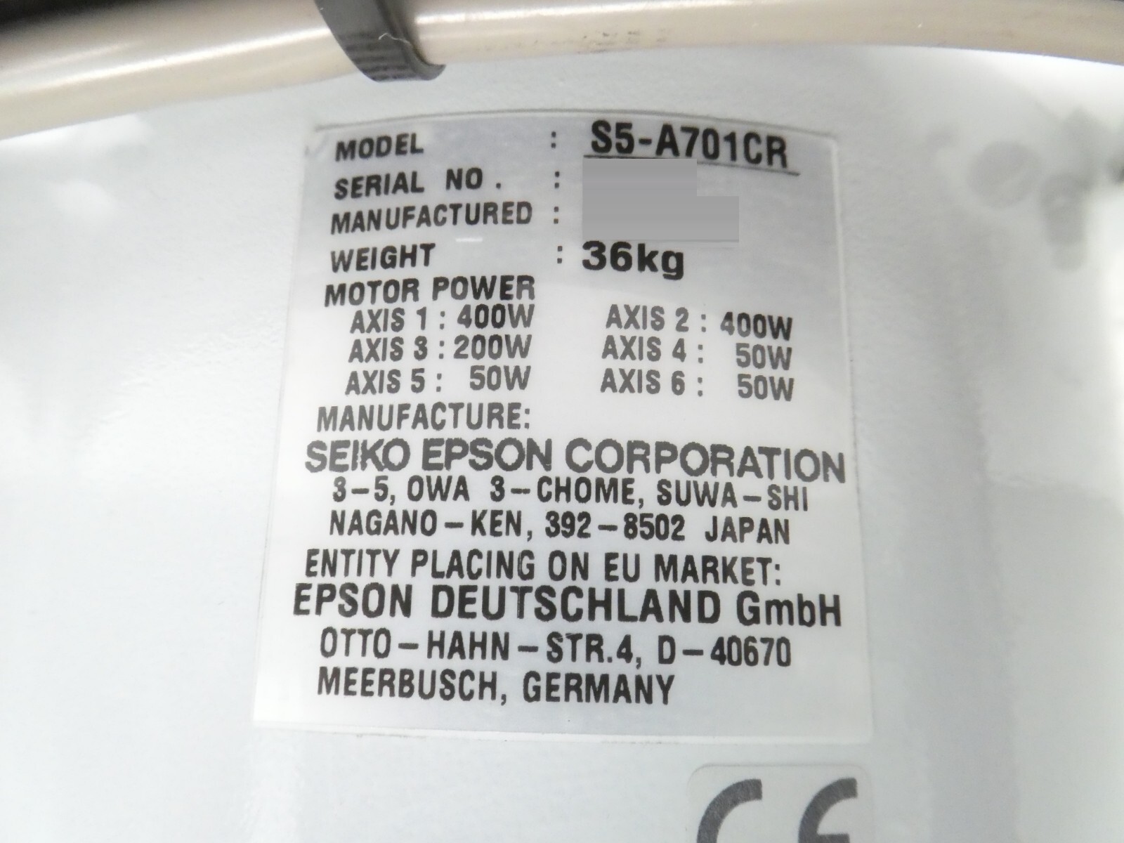 Seiko Epson S5-A701CR Mid Range 6-Axis Industrial Robot S5 Untested Surplus