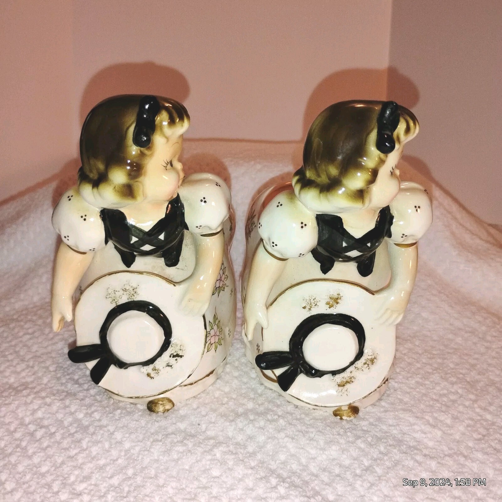 Antique Pair Of Royal Sealy Japan 68/2 Girl Planters. 5.5"H X 5" W. Black