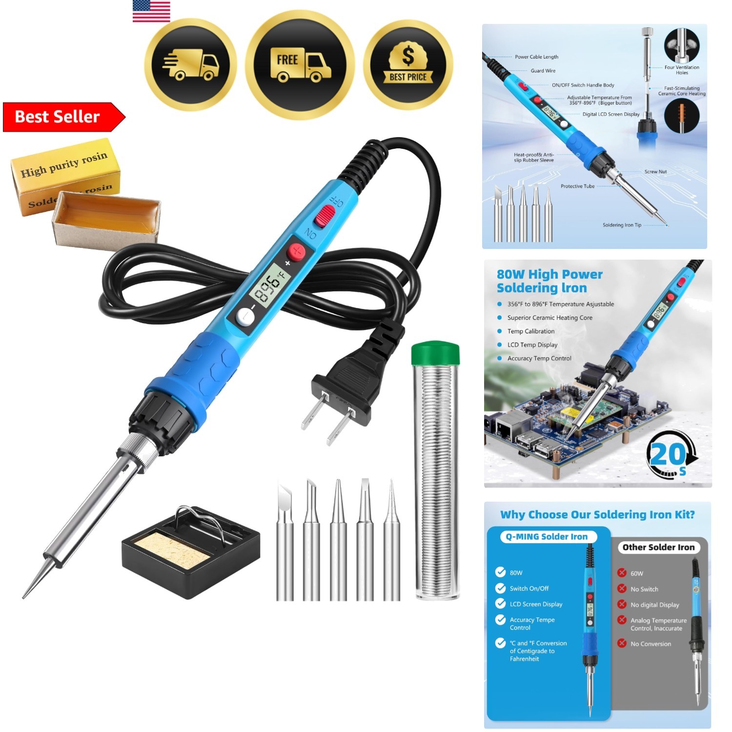 Soldering Iron Kit 80W LCD Digital with Tips Stand Flux Wire for Jewelry Elec...