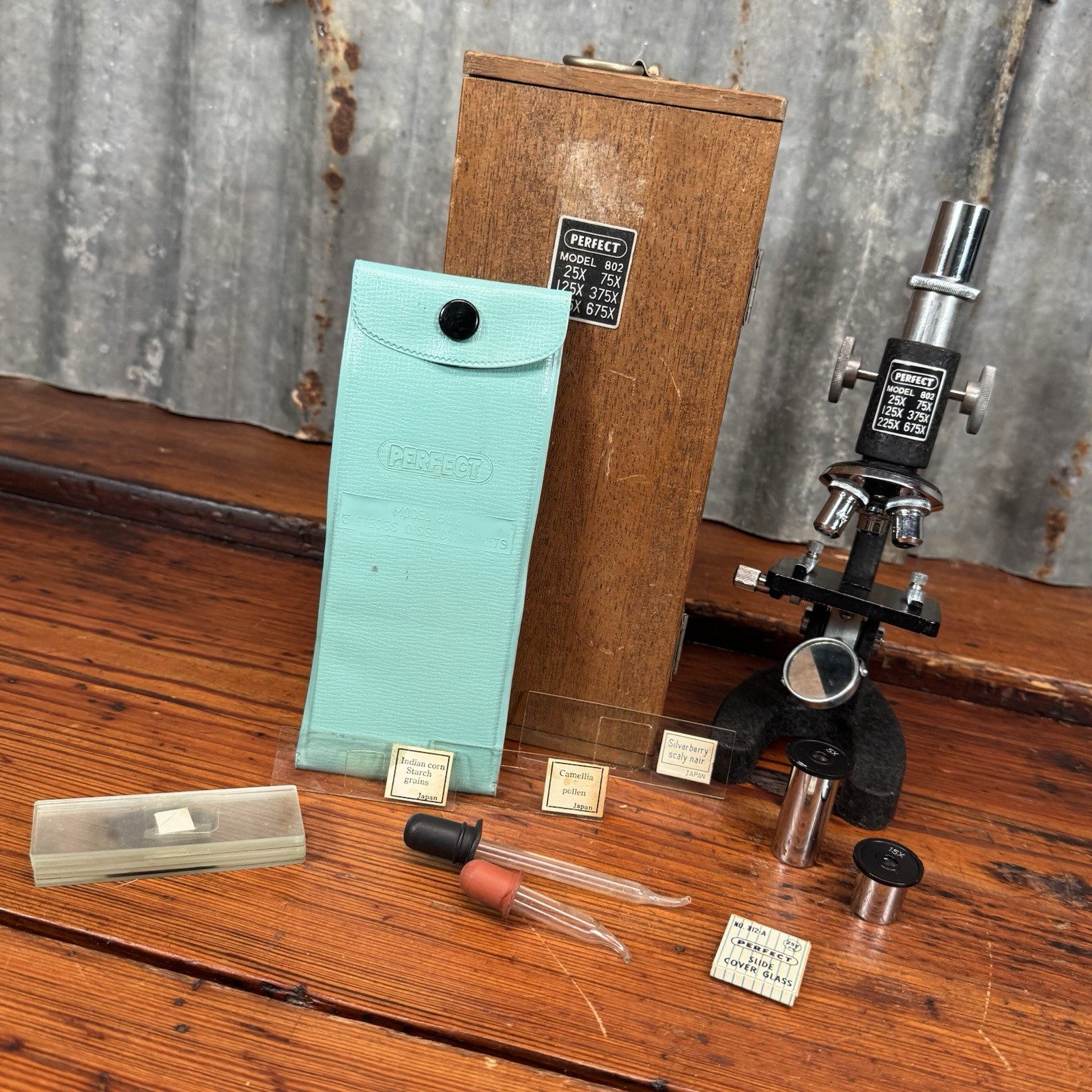 Vintage Perfect MICROSCOPE KIT Mo. 802 Complete w/ Wood Box Slides Dropper Japan