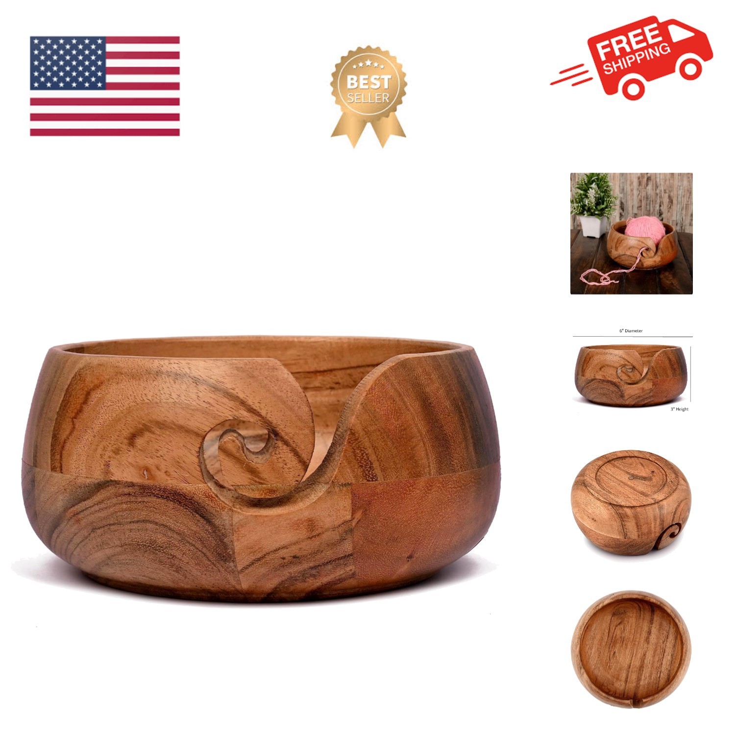 Acacia Wood Wooden Yarn Bowl for Crocheting & Knitting Hand Made by Indian Ar...