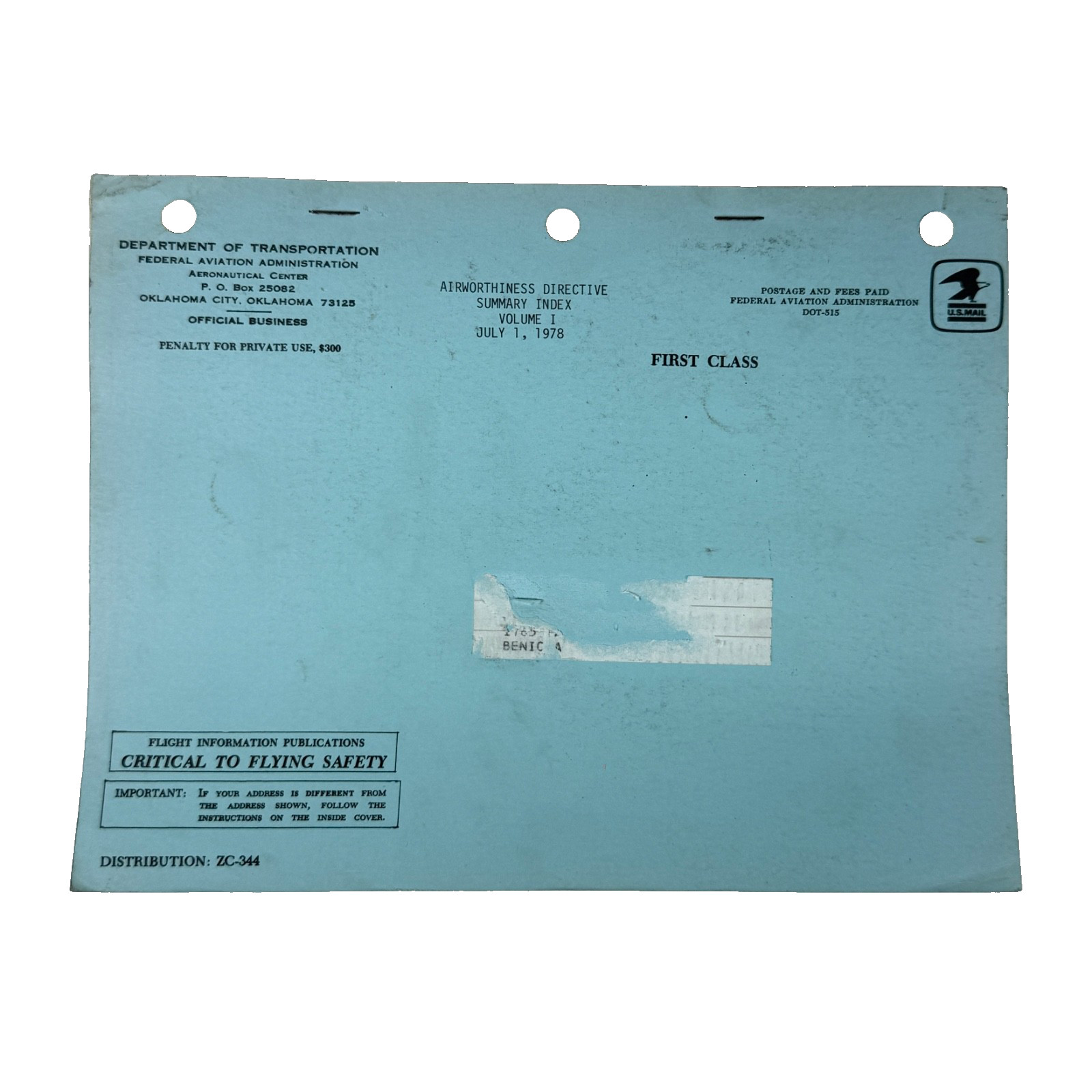 Manual FAA Airworthiness Directive Summary Index SMALL AIRCRAFT Vol 1 July 1978