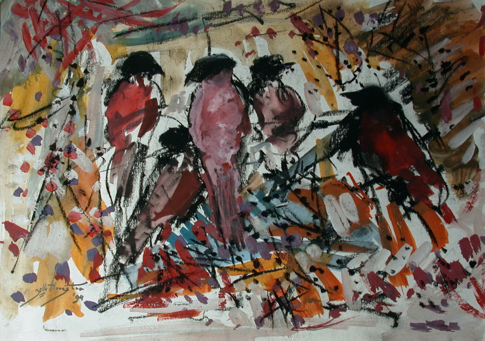 Jelle Hoogstra (Leeuwarden 1924 - 2003 Rotterdam) 5 colorful birds on a branch.