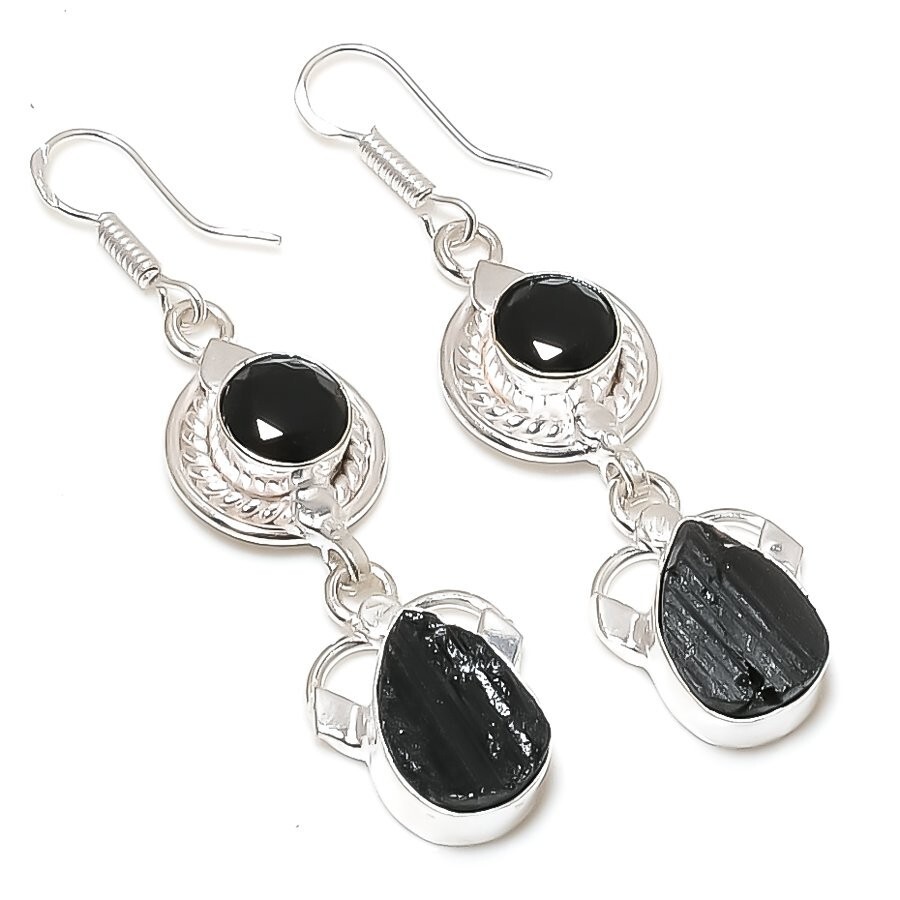 Black Tourmaline Gemstone Handmade 925 Sterling Silver Jwelery Earring Size 2.2"