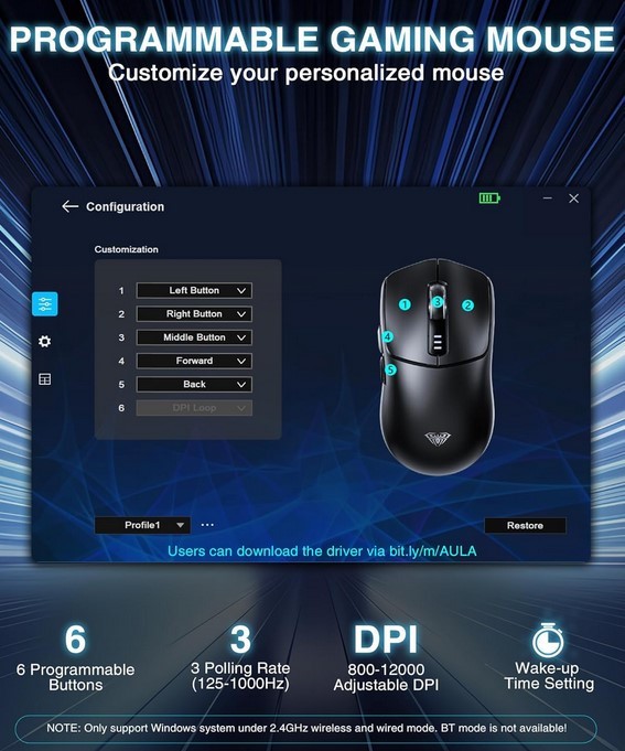 Aula SC580 Wireless Mouse Ergonomic Gaming Adjustable DPI White