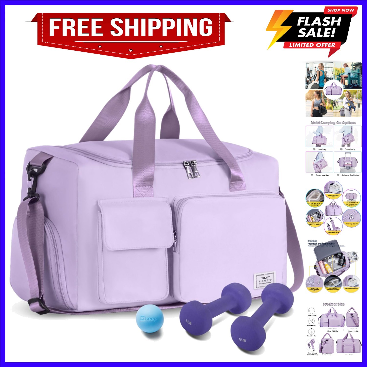 Women's Gym Duffle Bag with Shoes Compartment, 37L Capacity, Ideal for Travel...