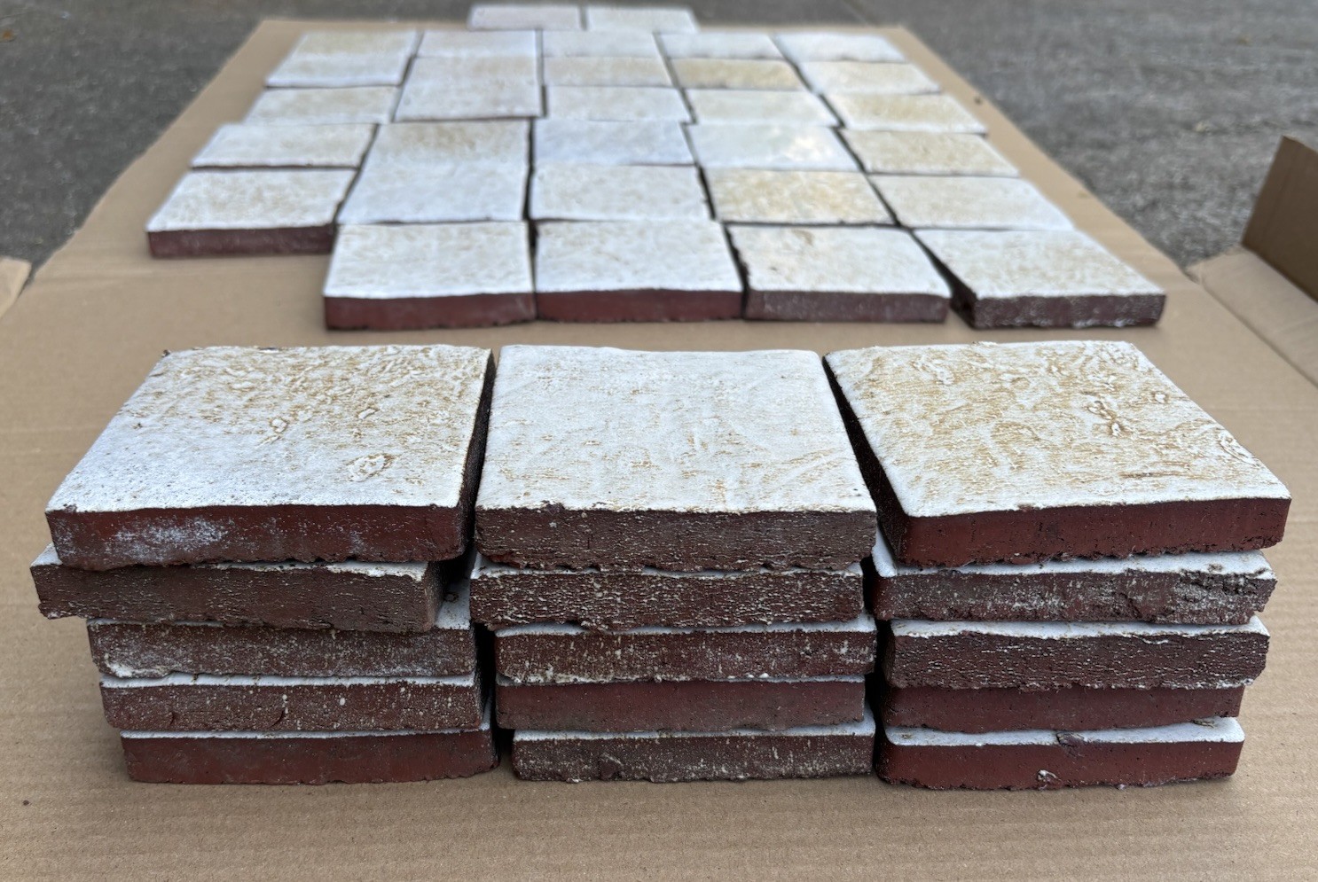 4 Vintage Hand Made Mottled Glazed Field Tile THICK 3 7/8"sq Set of 4 NOS #A