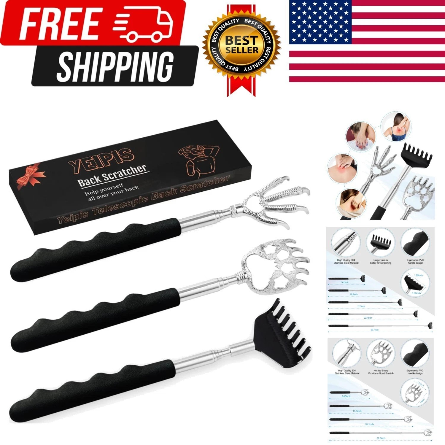 3 Pack Back Scratcher Metal Portable Telescoping with Rubber Handles, Extendable