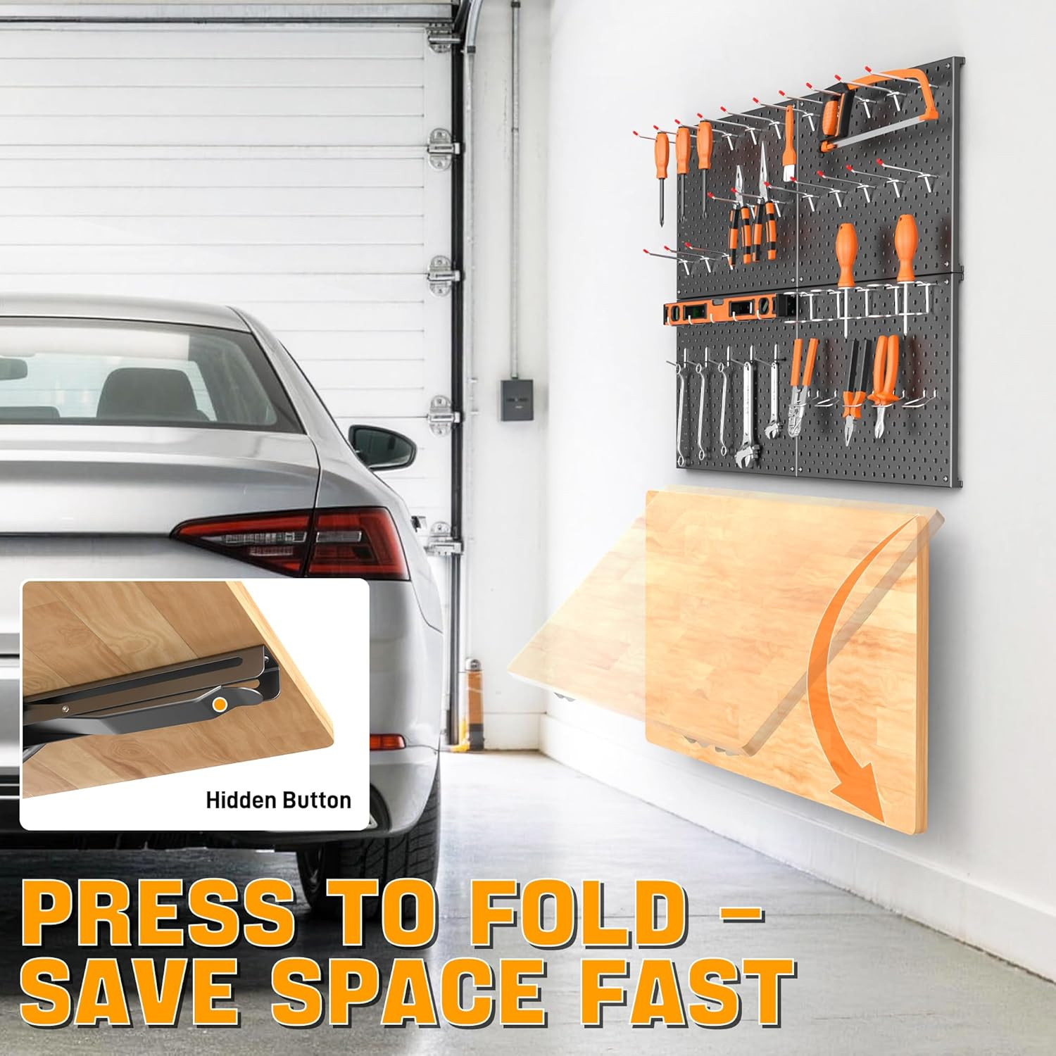 Heavy Duty Folding Workbench with Pegboard – Wall-Mounted Work Table for Garage