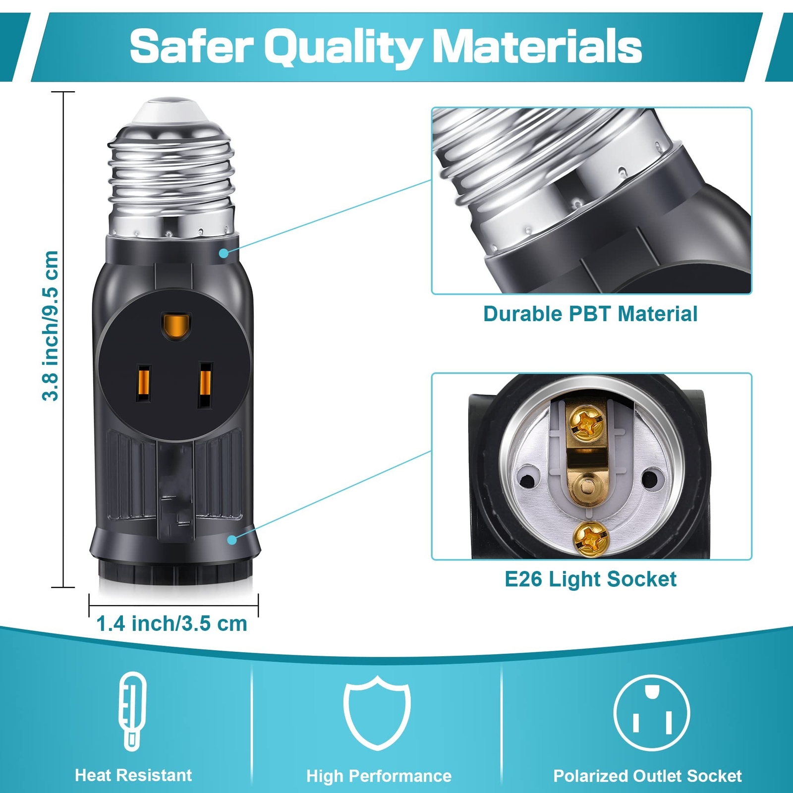 2Pcs Light Bulb Outlet Socket Adapter E26/E27 Lamp Bulb to 2/3 Prong Plug Black