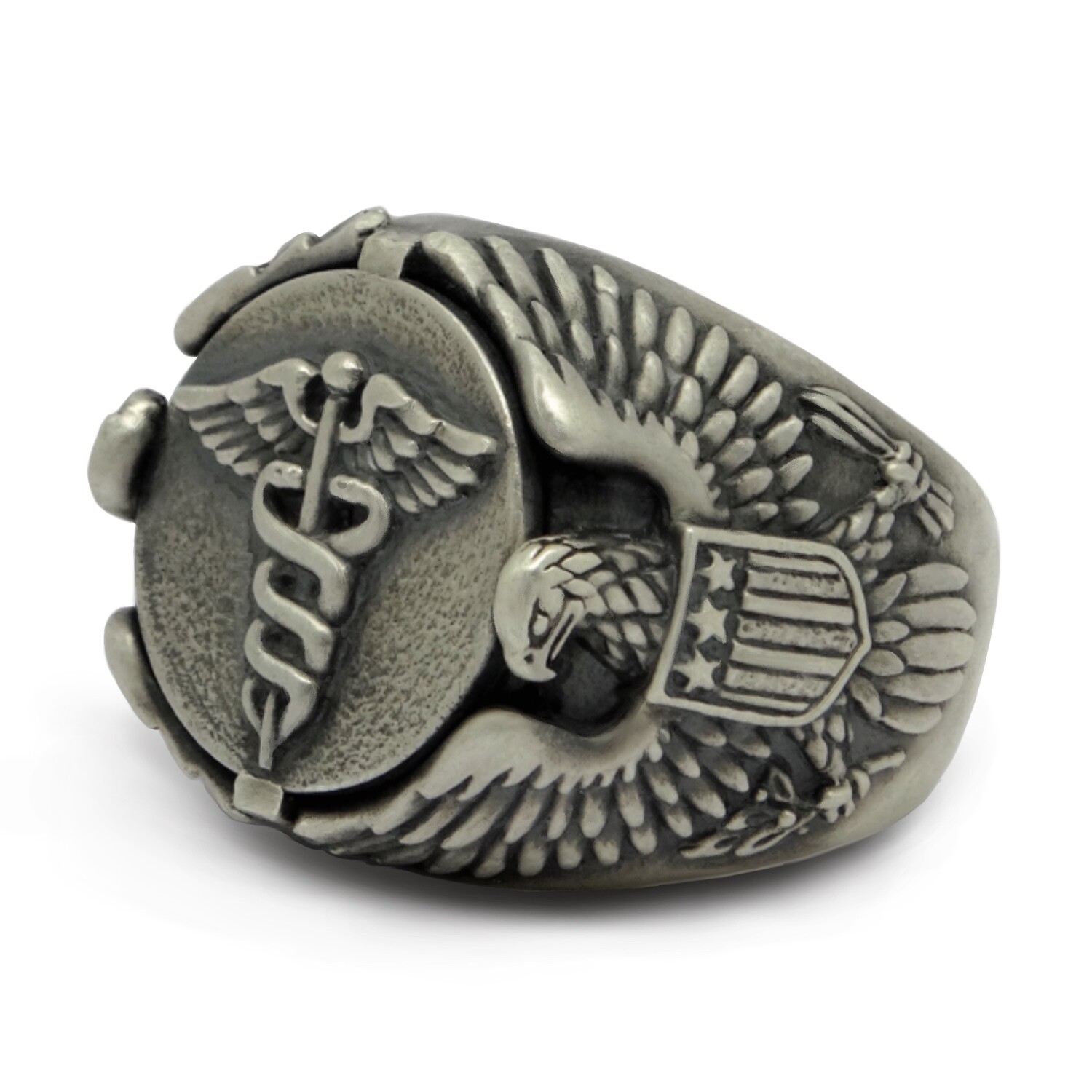 Medical Corps US Army American Eagle Caduceus Sterling Silver Biker Men's Ring