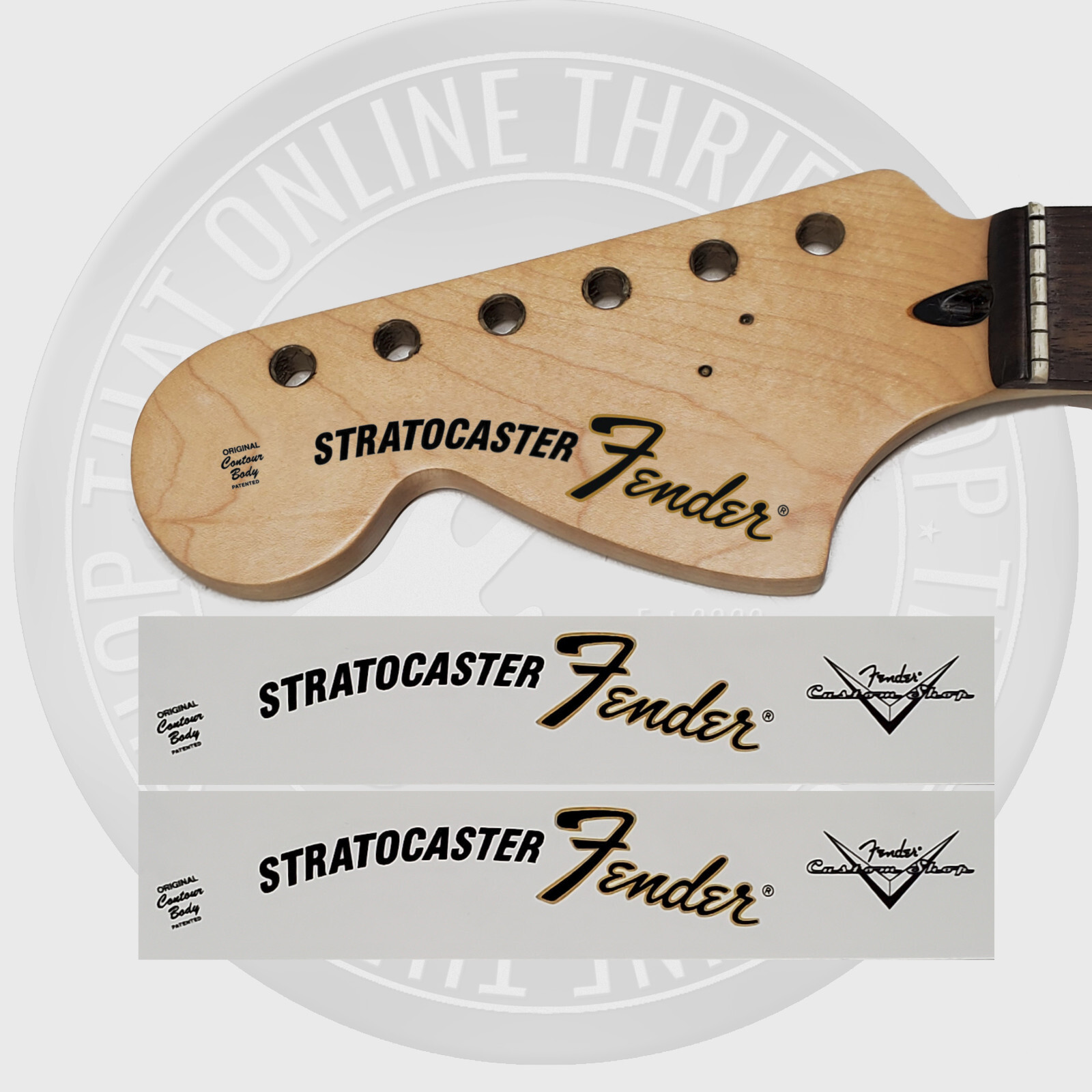 Fender 70's Strat Lefty Waterslide Neck Headstock Decals w/ CS Logo (Set of 2)