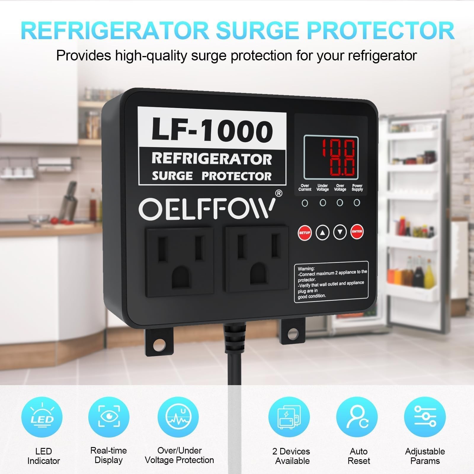 OELFFOW Refrigerator Surge Protector, Time Delay and Real-time Display, Volta...